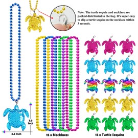 CiciBear 15 Pack Turtle Sequin Necklace Party Favors with Mardi Gras Beads for Ocean Animal Party, Marine Beach Birthday, Under the Sea Baby Shower, Festivals, Wedding, Birthday Celebrations, 5 Colors