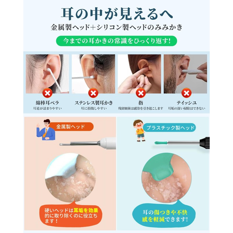 耳かき カメラ付き【 1200W超高画素・イヤーフック】カメラ付き耳かき みみかき カメラ 耳掻き 耳掃除3.5mm極細レンズ 左右反転機能 Type-C充電 イヤースプーン