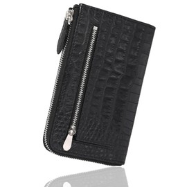 ASIAN ZACCA bhs0009 Compact Wallet, Long Wallet, Leather, Long Wallet, Approximately the Same Width as 10,000 Yen Bill, Crocodile-Embossed Large Capacity, Thin, L-Shaped Zipper, Mini Wallet, Opens