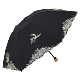 Chinoiserie Modern Folding Parasol, Women's, Grade 1 Light Blocking, UV Protection, Rain or Shine, Cutwork Embroidery, Organza, 3 Tier Folding, Lightweight, Flower and Bird Embroidery, Black
