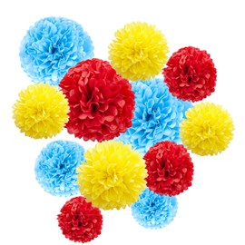 ZOOYOO Paper Tissue Pom Poms, 12 Pcs Red Yellow Blue Pompoms Party Hanging Tissue Flowers for Birthday Party Decorations
