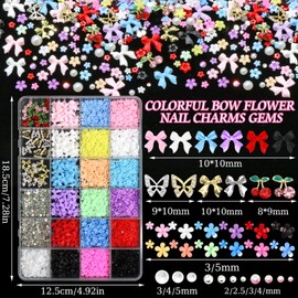 BELICEY 3D Nail Charms Set, Mix Color Flower Bow Nail Art Charms, Half Round Pearls Flatback Gems AB Rhinestones, Alloy Cherry Butterfly Charms for Nail Art DIY Crafts Manicure Supplies Accessories