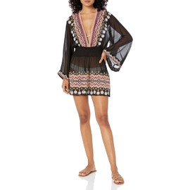 Ramy Brook Women's Standard Autumn V Neck Dress, Black Multi Embroidered Chiffon, Small