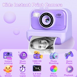 Eaever Instant Print Camera Toys for Kids,2.4 Inch Screen Kids Instant Cameras, Christmas Birthday Gifts for Girls Age 3-12, Portable Toddler Toy for 3 4 5 6 7 8 9 10 Year Old Girls Boys Purple