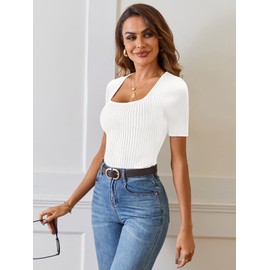 MEROKEETY Women's Summer Casual Short Sleeve T Shirts 2025 Basic Square Neck Ribbed Knit Fitted Tee Tops, White, Small