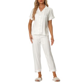 cheibear Womens Satin Button Down Sleepwear Striped Short Sleeve Long Pants Silky Pajama Set White M