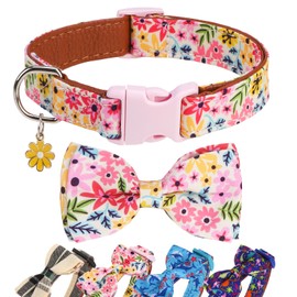 DILLYBUD Pink Floral Dog Bow Tie Collar for Small Medium Large Dogs - Adjustable Detachable Bowtie Summer Collar with Safety Buckle for Puppy Boy Girl Pet Neck Size 10-15 inch S