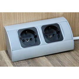 Practical corner socket, 2 x Schuko, aluminium, for kitchen, bathroom, living room, furniture. Double socket ideal for kitchen worktop as a surface-mounted under-unit socket. (2-way socket)