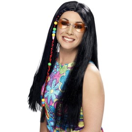 Smiffys Hippy Party Wig, Black Long with Coloured Beads, 1960's Groovy Fancy Dress, Adult Dress Up Wigs