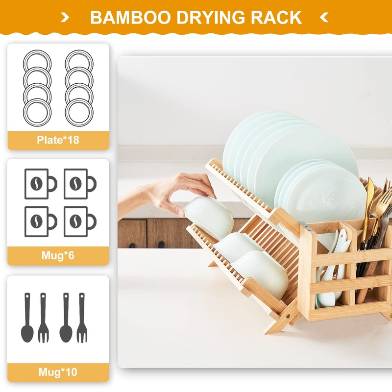 Worthyeah Bamboo Dish Drying Rack, 3-Tier Collapsible Wooden Dish Rack