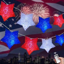 4th of July Decorations Red White and Blue Star Lights 6.8Ft 10 LED 3D Star Patriotic Lights with Timer, Fourth of July String Light for Indoor Outdoor Memorial Day Independence Day Party Home Decor