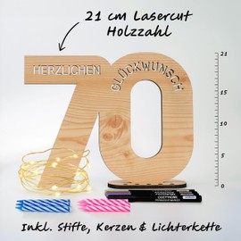 CozyHome Wooden Guest Book 70th Birthday Decoration - Includes Fairy Lights + 6 Candles & 4 Pens I Decoration 70th Birthday Man 70th Birthday Woman & Man Gift Decoration 70th Birthday Woman Gifts