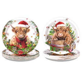 50Pcs Christmas Highland Cow Party Supplies 9" Disposable Highland Cow Plates Heavy Duty Funny Cute Animals Rustic Wooden Board Pattern Plates for Christmas Xmas Holiday Winter Outdoor Farmhouse Decor