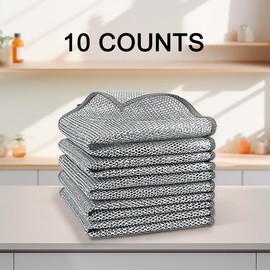 10 Counts Multipurpose Non-Scratch Wire Dishcloths – Double-Layer Reusable Dishwashing Rags for Wet & Dry Use, Kitchen Cleaning Cloth for Sinks, Pans & Dishes, Washable & Durable