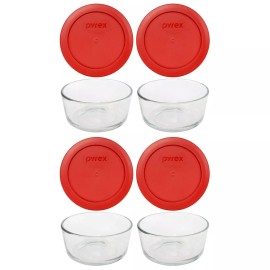 Pyrex (4) 7200 Clear Glass Storage Bowls & (4) 7200-PC Poppy Red Plastic Lids