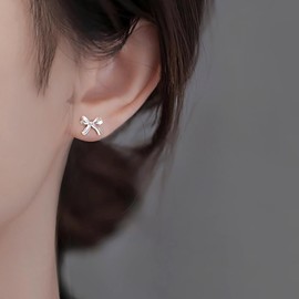 Reffeer 925 Sterling Silver Bow Stud Earrings for Women Teen Bowknot Stud Earrings Ribbon Bow Studs