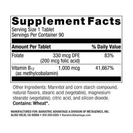 Bariatric Advantage B-12 Speedy Melts, Vitamin B12 1000 mcg Supplement, Fast Melting with 200 mcg of Folic Acid for Nutritional Support - Black Cherry, 90 Count