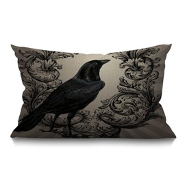 BGBDEIA Crow Cushion Cover Vintage Crow Black Flower Waist Lumbar Cotton Linen Throw Pillow Case Oblong Rectangle Pillowcase for Men Women Home Decorative Sofa Bedroom Livingroom 12x20 inch 30x50 cm