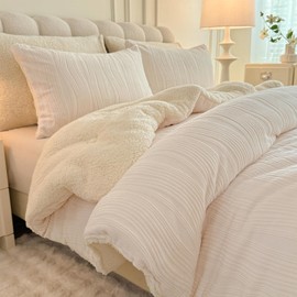 tohrisa 3D Striped Jacquard Sherpa Comforter Set King Size, Geometric Pattern Boho Quilt Bedding 3 Pieces Warm Cozy Fuzzy Comforter with 2 Pillowcases(104"X90" Ivory White)