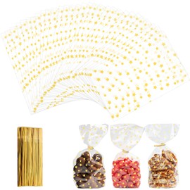 100 Pack Cellophane Bags with 100 Pieces Gold Twist Ties, Clear Cellophane Bags Cellophane Gift Bags, Clear Cookie Bags for Bakery Candy Packaging (13x21cm)
