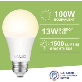 Sigalux LED Light Bulbs 100 Watt Equivalent Standard Warm Light Bulbs 2700K Soft White, Non-Dimmable A19 Nature Energy Saving 13W E26 Medium Base Bulb, High Brightness 1500 Lumens, UL Listed, 6 Pack