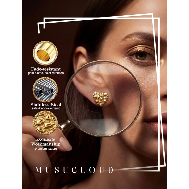 MUSECLOUD 3 Pairs 14K Gold Plated Nugget Earrings for Men