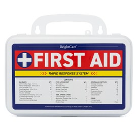 First Aid Kit - Wall Mount Back Option, 130 Pieces, Durable Hard Case with Carrying Handle - First Aid Kit for Office, Home, School, Car, Hiking, Camping – by BrightCare