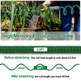 SPECILITE 3/8" Lightweight Coil Garden Hose 50 FT, EVA Flexible Curly Water Pipes with 6-Pattern Spray Nozzle for Boat, Greenhouse, Yard, Patio, Green