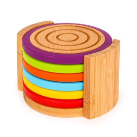 BergHOFF Set of 7Pc Natural Bamboo Coasters Heat-Resistant Silicone Rim 4.7" x 2.7" Round Multi-Colors Ergonomically Designed Handle Durable Reusable