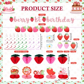 28Pcs Berry First Birthday Decor Strawberry 1st Birthday Decorations Strawberry Honeycomb Balls Banner Strawberry Tables Centerpieces for Baby Girls 1st Party Decorations(Strawberry, Red Pink)
