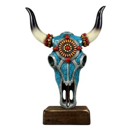 Ebros Gift 13" High Western Southwest Steer Bison Buffalo Bull Cow Skull Head with Mosaic Turquoise Gold and Red Aztec Sun Geometry Design Desktop Sculpture Native Indian Sacred Skulls