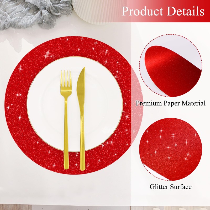 30 PCS Red Paper Placemats Round Place Mat Glitter Disposable