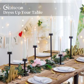 Hurricane Candle Holder Black Candlestick: Glasseam Candlestick Holders for Taper Candles Bulk 12, Modern Candle Stick Candle Holder with Glass Chimney, Fireplace Candle Holder for Dining Table Decor