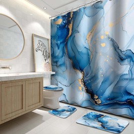 Lnond 4Pcs Bathroom Sets with Shower Curtain and Rugs, Marble Bathroom Shower Curtain Sets, Blue Gold Modern Art Bathroom Sets with Rugs and Accessories
