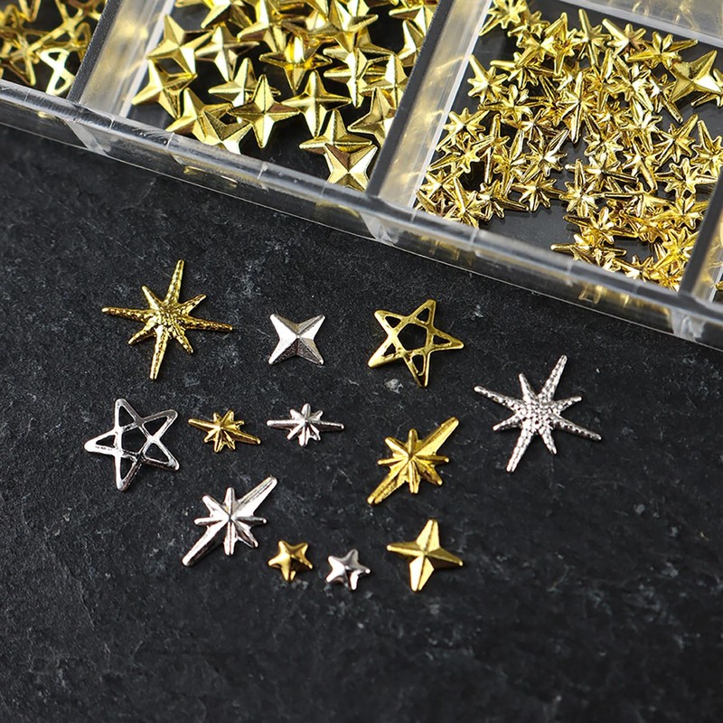 12 Grids 3D Star Nail Charms Gold Silver Star Nail