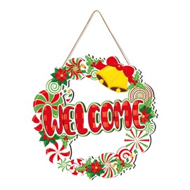 Christmas Decorations Welcome Sign, Front Door Wreath Sign, Decorative Holiday Door Wall Sign, Colorful Front Door Candies Bells Wreath Sign For Home Porch Front Door