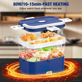 Electric Heated Lunch Boxes Adults,80W Faster Food Warmer, Lonchera Eléctrica Portátil 1.8L +1L Double Layer Leak-Proof Heated Lunchbox for Car/Truck/Office/Home With Fork & Spoon&Bag&0.45L Fruit Box