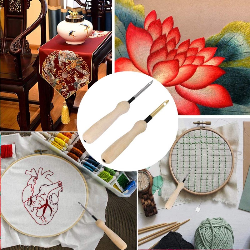 2 Pcs Embroidery Needle Pen and Threaders Wooden Handle Embroidery