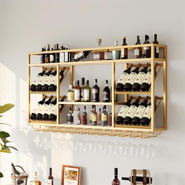 RAJYQODIS Wall Mounted Wine Racks with Glass Holder, 3 Tier Wine Storage Display Rack, Floating Rustic Metal Bar Liquor Shelves, for Home Bar, Wine Kitchen Storage (Gold, 31.49x27.55x9.8in)