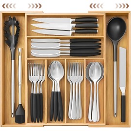 Organizador de Cubiertos,Expandible Organizador de Cubiertos para Cajon,Organizador de Cajones de Cocina,Bandeja para Cubierto,8 Divisores Plástico para Cosmético Papelería de Estudio Tenedor (Bambú)
