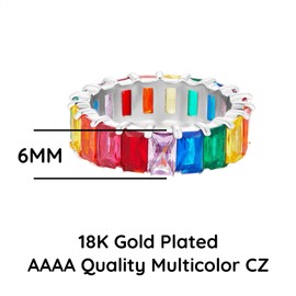 AFFY 18K White Gold Plated Emerald-Cut Multi Color AAA Created-Gemstone Eternity Ring Rainbow, Metal, Cubic Zirconia
