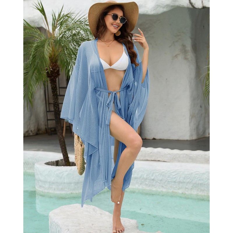 Bsubseach Women Sparkly Kimono Swimsuit Cover Up Open Front Sheer