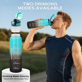 YOUNGCLUE 1L Water Bottle with Straw,Sports Drinks Bottle Leakproof,1 Litre Water Bottles with Time Markings BPA Free,Adults Water Bottles for Gym,Office, Travel,Cycling (Cyan Black)