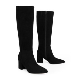 Easyfox Womens Knee High Black Boots Chunky Heel Tall Black Suede Boots for Women Pointed Toe Fall Boot Long Side Zipper Knee High Boot Size 11