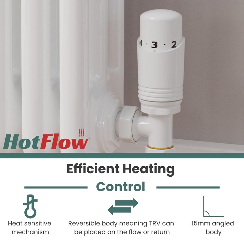 Hot Flow White Cascade Angled Modern TRV Thermostatic Radiator Valve
