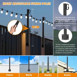 6 Pack Suspension Outdoor String Light Poles for Outside String Lights Hanging,with Clip and Holder,Light Post Mounting Stand for Patio Fence Wall Garden Backyard Deck