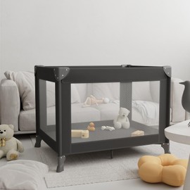 Trimigo Portable Travel Crib & Playpen - Baby Safe Folding Travel Bed w/Mattress, Breathable Mesh | Compact Lightweight Baby Bed | Pack and Play for Babies & Toddlers (Black)