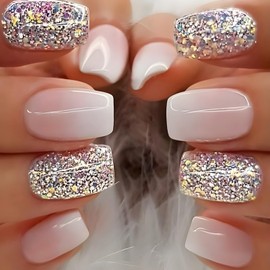 Nude Gradient White Glitter Fake Nails Press On Nails Medium Short Coffin Square,Glossy with Designs Full Cover Acrylic Glue on Nails Short Square False Nails Thick French Tip Stick on Nails for Women 24Pcs DY1003-B7