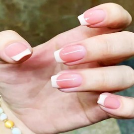 Press On Nails -Handmade White French Manicure | Semi-Transparent,Short Coffin Nails, Reusable with Glue