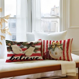 Christmas Decorative Throw Pillow Cover,12x20 Inch Gloves Hello Winter Decorative Red White Stripe Lumbar Pillow Cases Winter Holiday Farmhouse Home Decor Cushion Covers 2Pack For Couch Sofa Patio